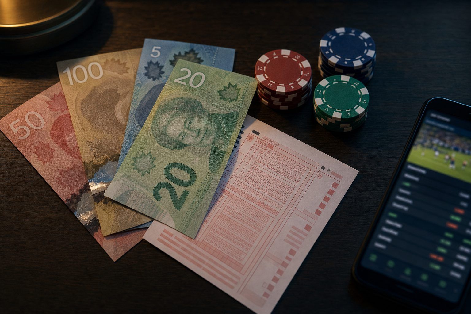 Canadian banknotes, a lottery ticket and casino chips on a table